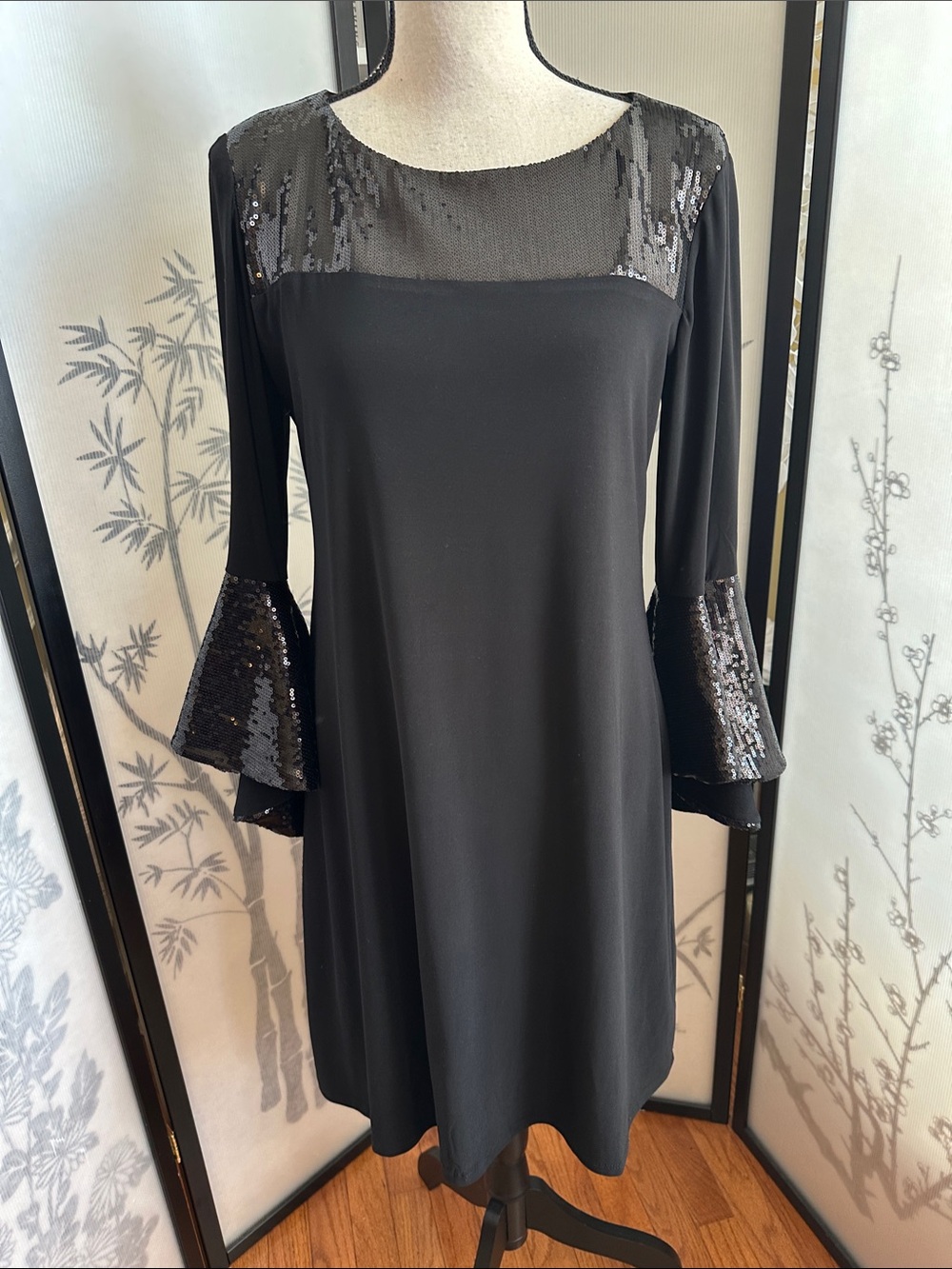 JBS Black Sequin-Trim Bell Sleeve Long Sleeve Dress